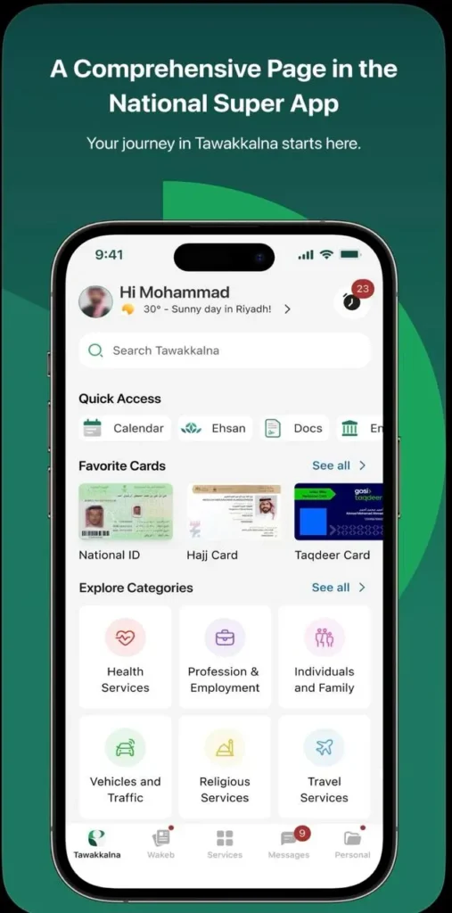Tawakkalna app screen showing services and sign in options in Saudi Arabia